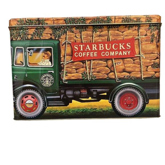 Vintage Starbucks Coffee Tin with Lid Delivery Truck Silver Crane Designs 10x7 - Picture 1 of 5